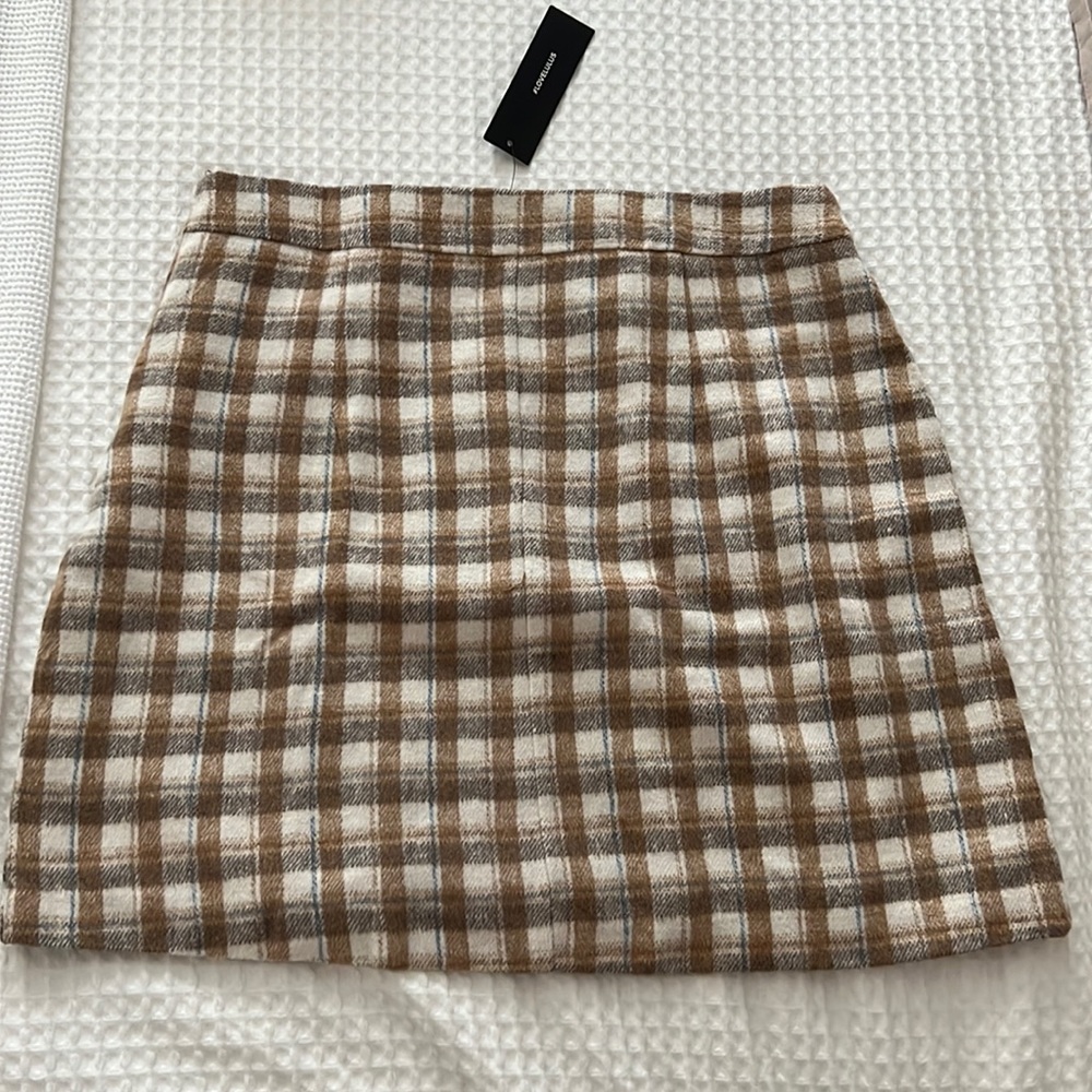Plaid tan/cream/blue mini skirt